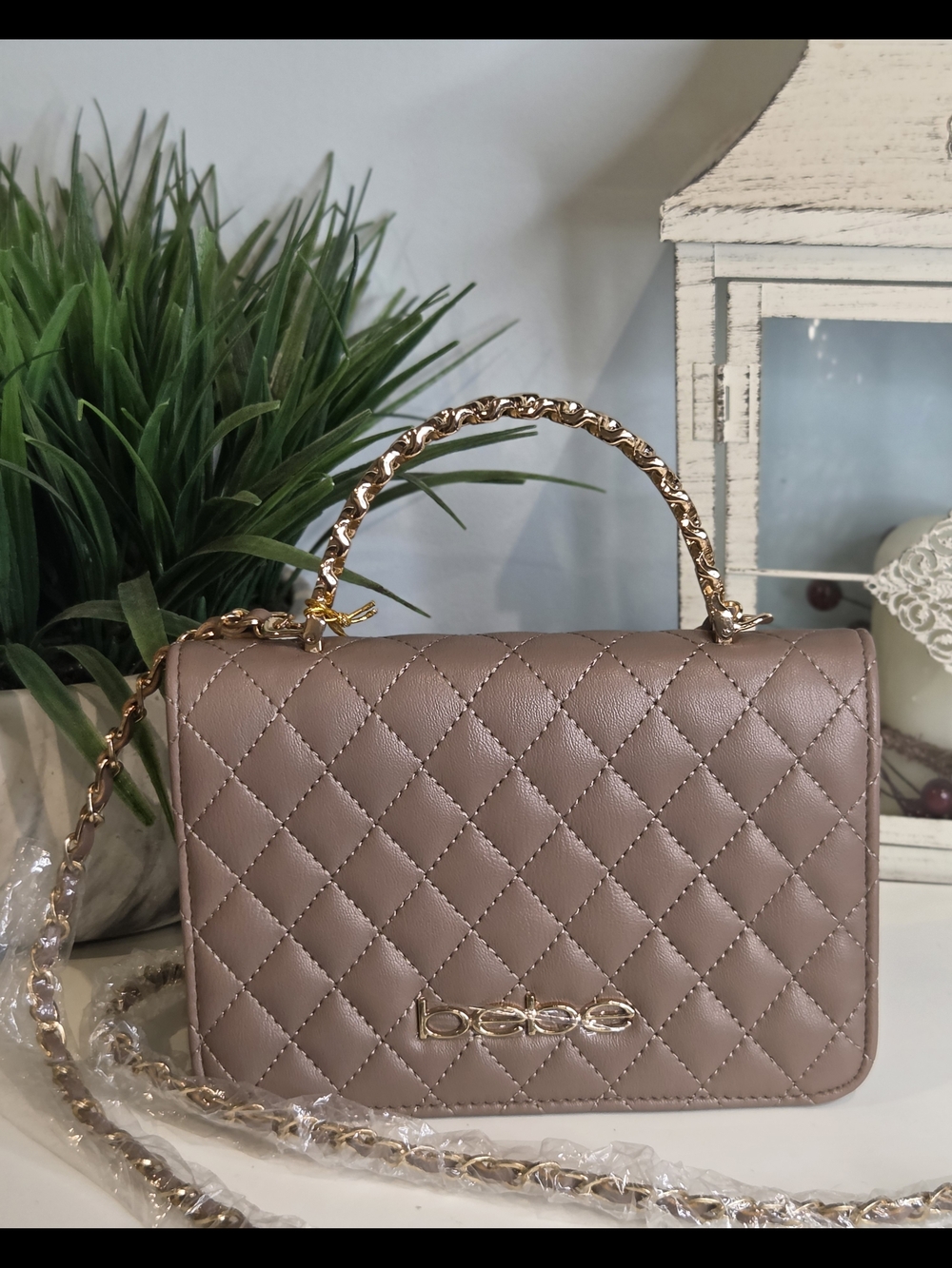 BeBe Quilted Top-Handle Crossbody Bag in Taupe